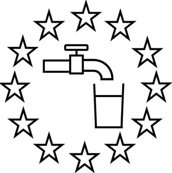 EU:s dricksvattenmärkning – en vattenkran och ett glas omgivna av tolv stjärnor
